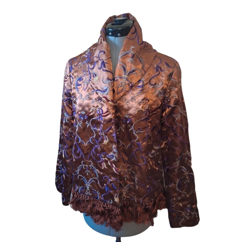 Soft Surroundings Brocade Embroidered Fringe Jacket Brown Victorian Romantic M